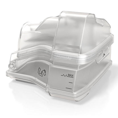 Angled view of the clear HumidAir standard water tub for AirSense 10, showing the lid and the maximum fill line