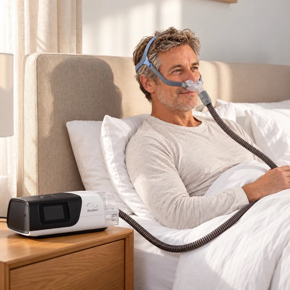 A man sitting up in bed in a nasal CPAP mask, with the AirSense 11 AutoSet on the bedside table