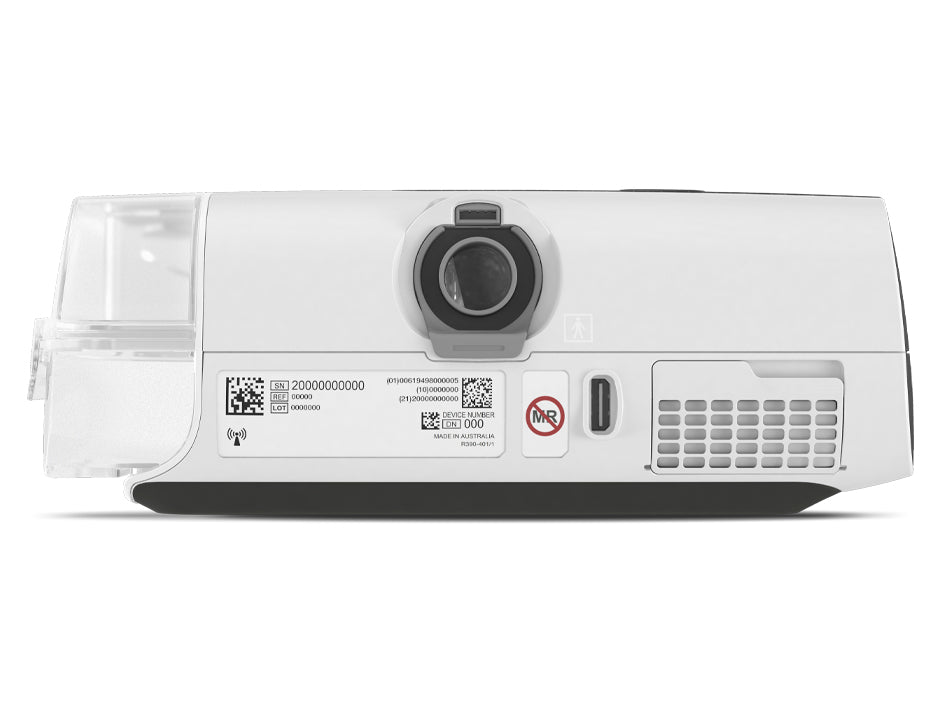 Rear view of the AirSense 11 AutoSet showing the air outlet, the power socket and the cooling vents
