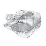 Angled view of the clear HumidAir 11 cleanable tub for AirSense 11, showing the grey grip and the max mark