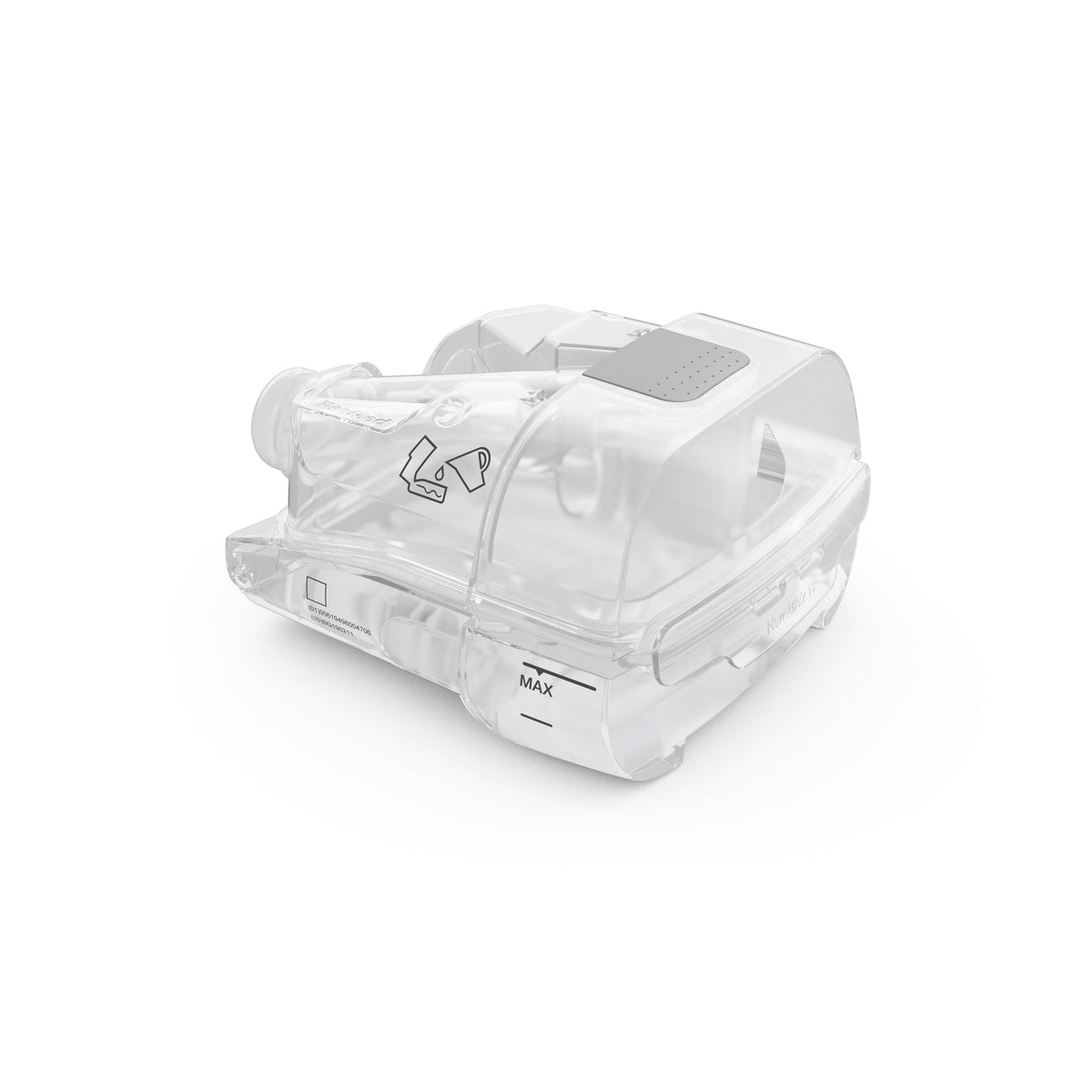 Front three-quarter view of the ResMed HumidAir 11 cleanable water tub, with the grey thumb grip on its lid