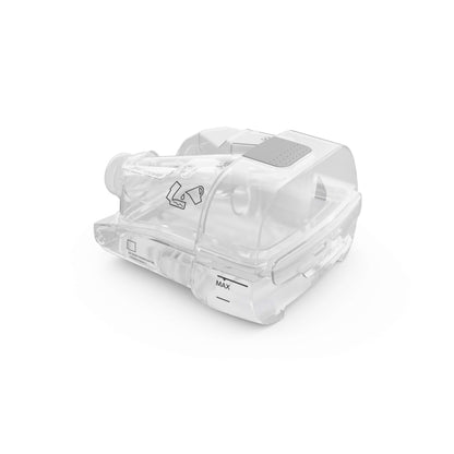 Front three-quarter view of the ResMed HumidAir 11 cleanable water tub, with the grey thumb grip on its lid