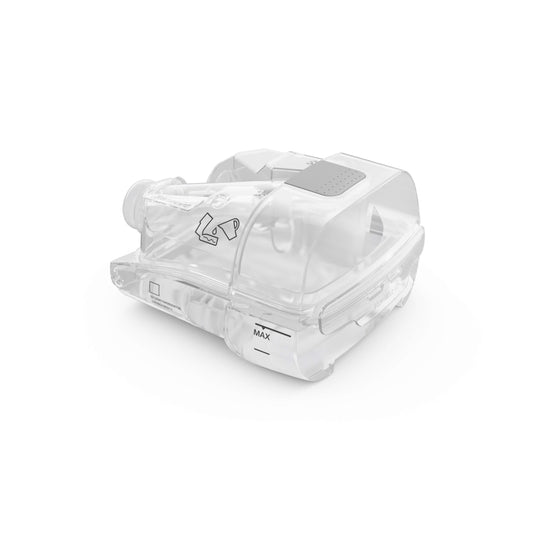 Front three-quarter view of the ResMed HumidAir 11 cleanable water tub, with the grey thumb grip on its lid