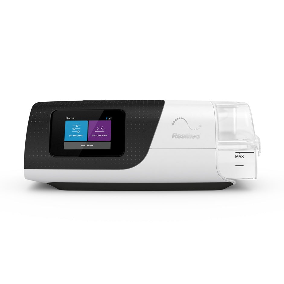 Front view of a ResMed AirSense 11 showing where the HumidAir 11 tub sits, beside the MAX mark