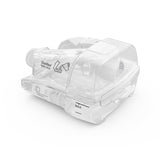 ResMed HumidAir 11 standard tub at a three-quarter angle, its lid showing the white grip and distilled water print