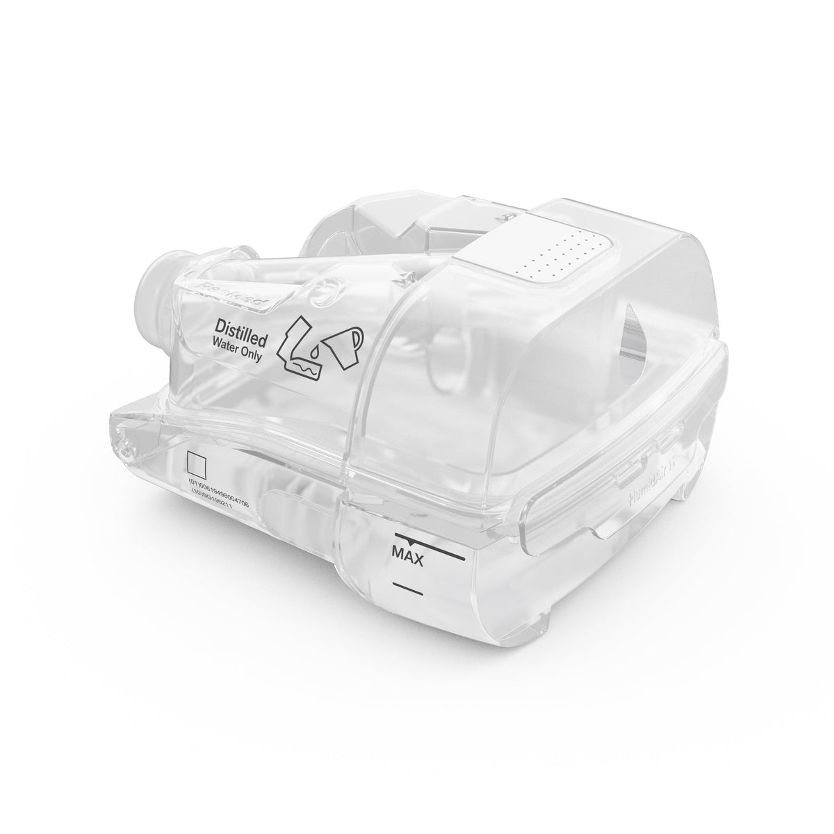 ResMed HumidAir 11 standard tub at a three-quarter angle, its lid showing the white grip and distilled water print