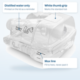 HumidAir 11 standard tub callout diagram: the white thumb grip, the distilled water print, and the max fill line
