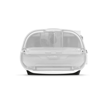 Front view of the clear HumidAir 11 water tub seated in the side of a ResMed AirSense 11