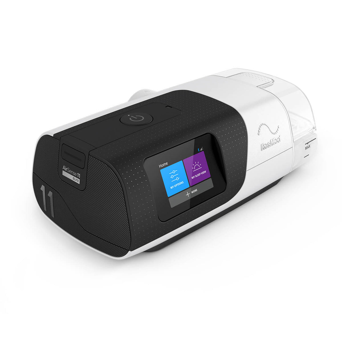 ResMed AirSense 11 Elite with the HumidAir 11 standard tub in place, its white thumb grip on top