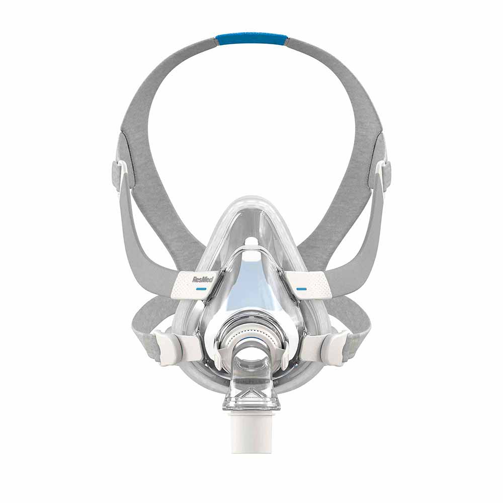 AirTouch F20 straight on, showing the clear frame, the vent ring and the full grey headgear