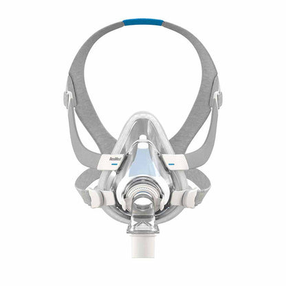 AirTouch F20 straight on, showing the clear frame, the vent ring and the full grey headgear