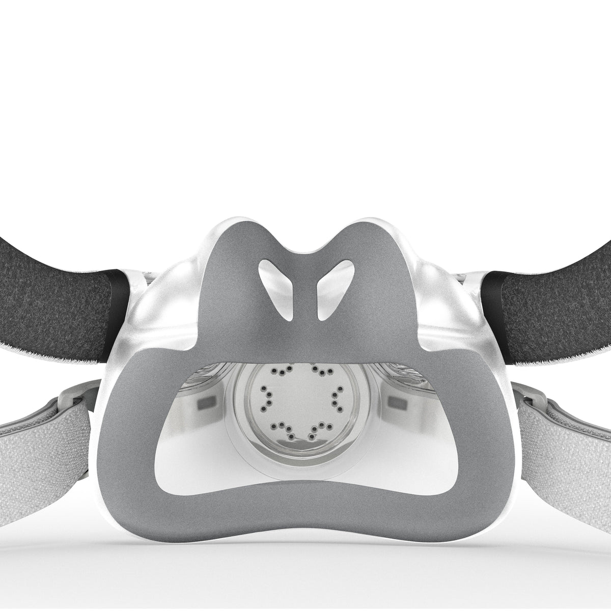 Detail view of the AirTouch F30i fabric cushion and nasal opening, with the headgear straps either side