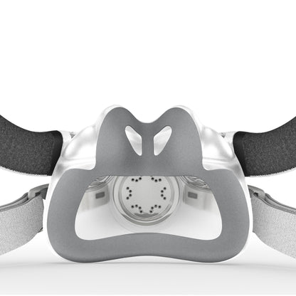 Detail view of the AirTouch F30i fabric cushion and nasal opening, with the headgear straps either side