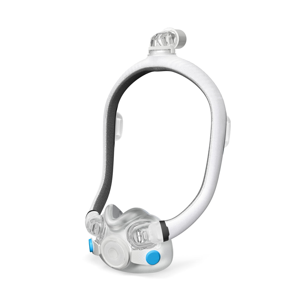 Side view of the AirTouch F30i fabric-wrapped frame and top elbow, with the cushion and blue clips attached