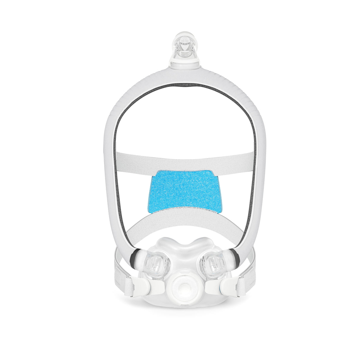 Front view of the ResMed AirTouch F30i Comfort full face mask, with the elbow at the top of the frame