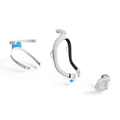 Exploded view of the AirTouch F30i parts: headgear, fabric-wrapped frame with elbow, and cushion