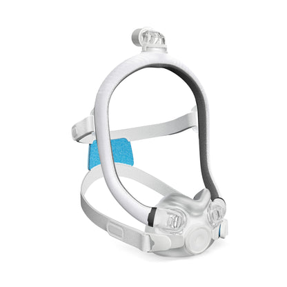 AirTouch F30i Comfort seen from an angle, with its fabric-wrapped frame, cushion and blue headgear panel