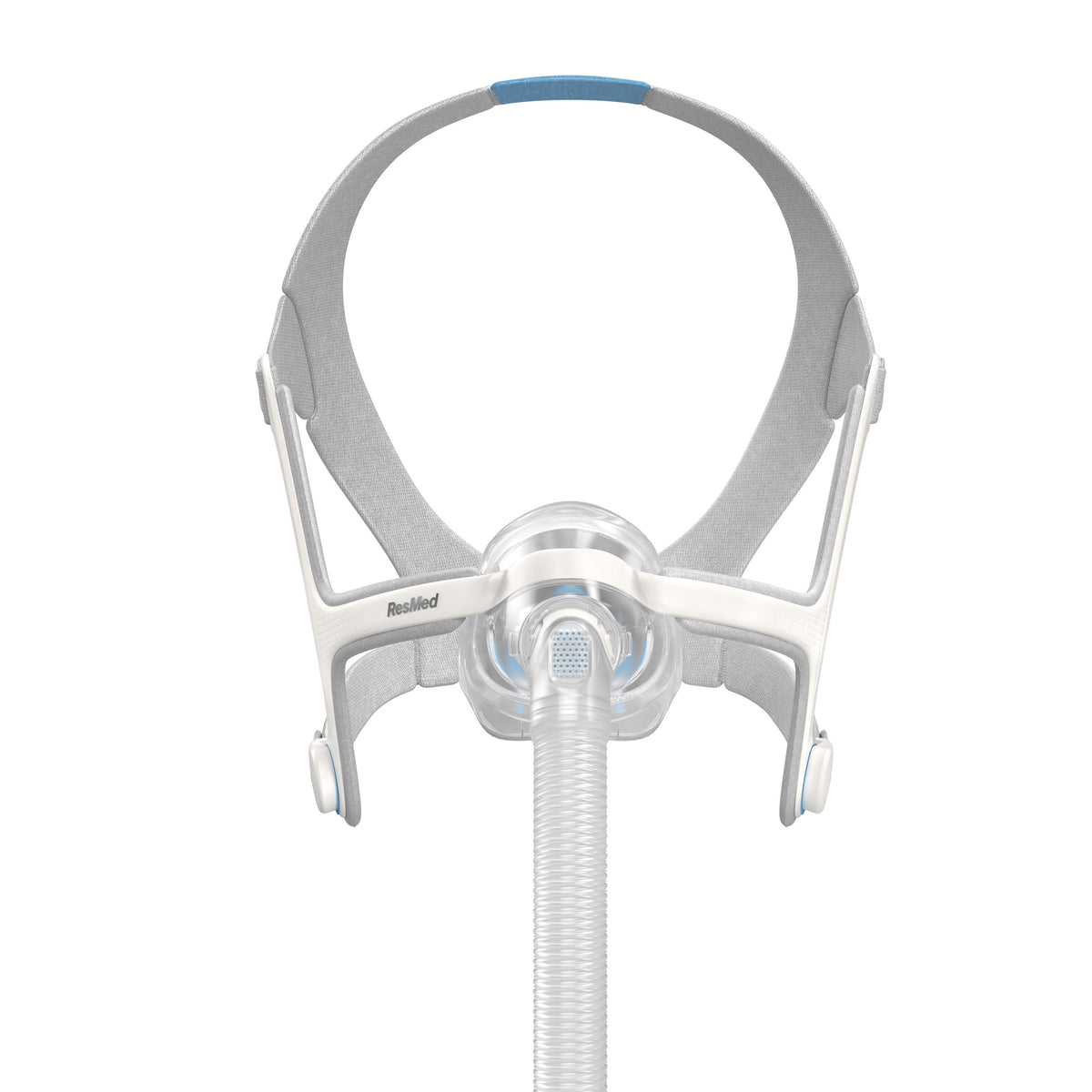 Front view of the ResMed AirTouch N20 nasal mask, with its clear frame, grey headgear and blue crown strap