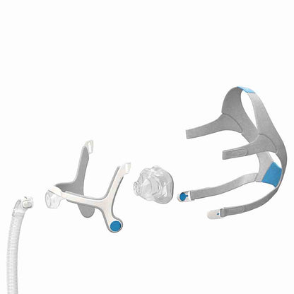 Exploded view of the AirTouch N20 parts: short tube with elbow, frame, foam cushion and headgear