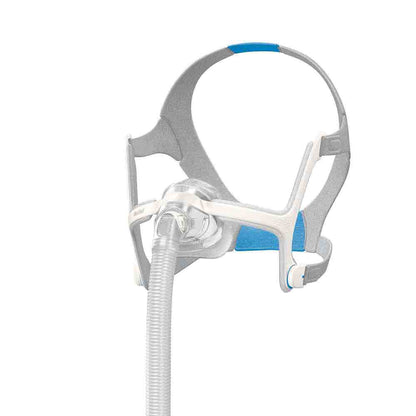 Angled view of the AirTouch N20 showing the memory foam cushion, quick-release elbow and blue lower strap
