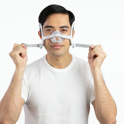 Photo of a man fitting the AirTouch N20, holding the lower headgear straps out to either side