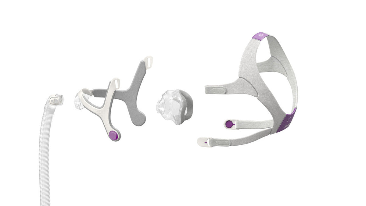 Exploded view of the AirTouch N20 For Her parts: short tube with elbow, frame, foam cushion and headgear