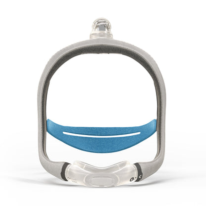 Front view of the ResMed AirTouch N30i, its fabric-wrapped frame arching over a blue headgear strap