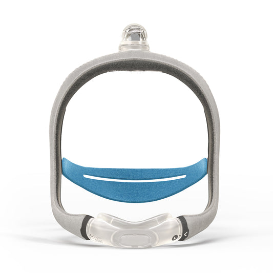 Front view of the ResMed AirTouch N30i, its fabric-wrapped frame arching over a blue headgear strap