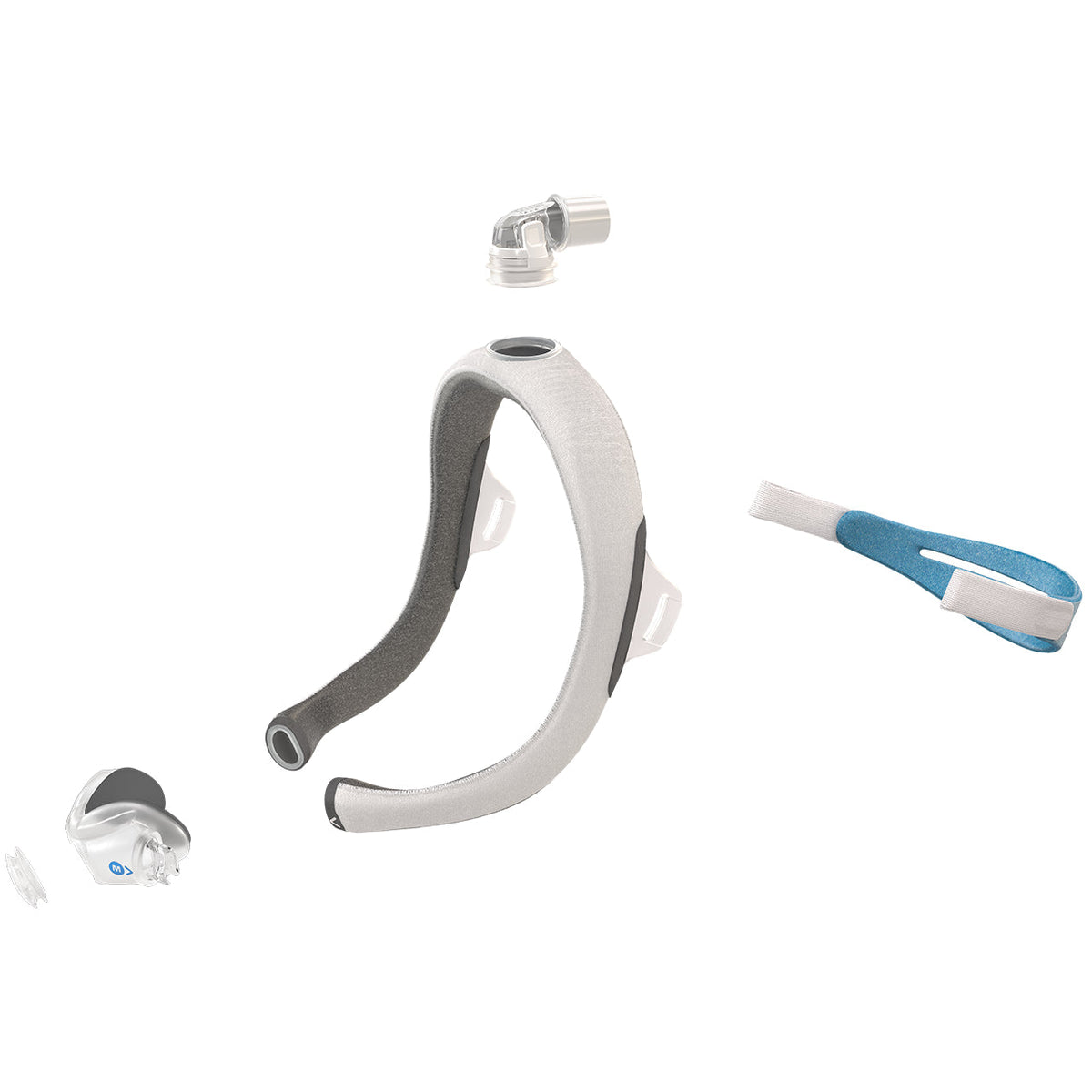 View of the AirTouch N30i taken apart into its frame, cushion, elbow and headgear