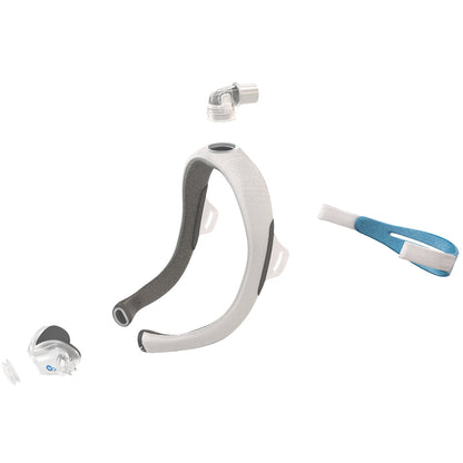 View of the AirTouch N30i taken apart into its frame, cushion, elbow and headgear