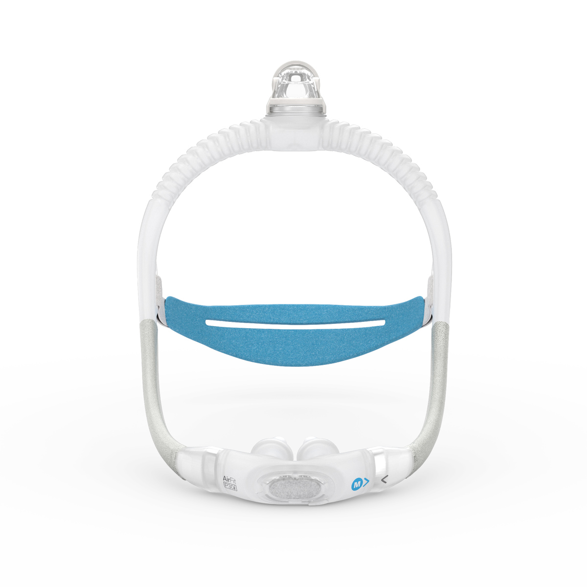 Front view of the ResMed AirFit P30i on white, nasal pillows at the base and the elbow on top