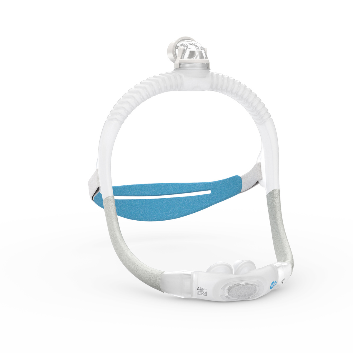 Angled view of the AirFit P30i showing its SpringFit frame, blue headgear strap and nasal pillows cushion