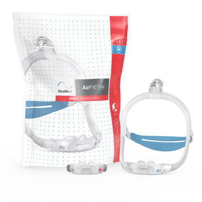 ResMed AirFit P30i Small Starter Pack bag beside the mask, with Small and Medium pillows cushions