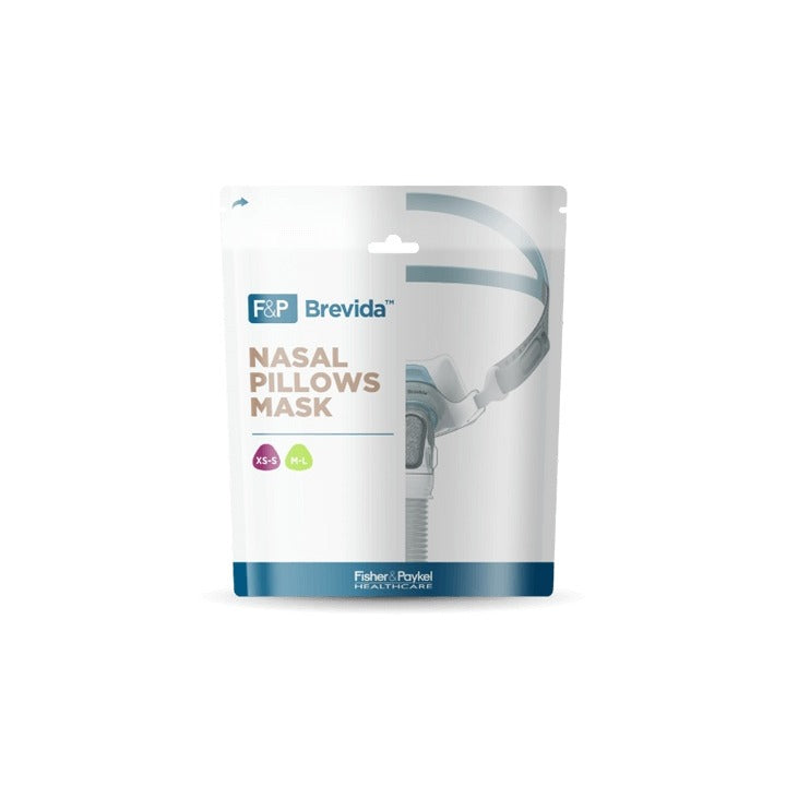The Fisher & Paykel retail pouch the Brevida nasal pillows mask comes in, with the seal sizes on the front
