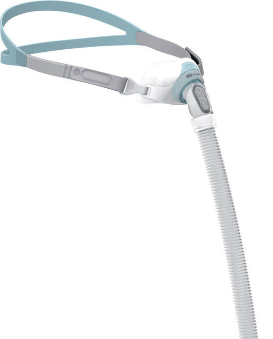 Angled view of the Brevida showing the side straps, the AirPillow seal and the short hose dropping below
