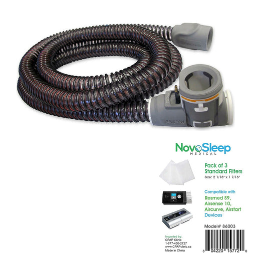 ResMed ClimateLineAir heated tube for AirSense 10 shown with a NovoSleep pack of three standard filters