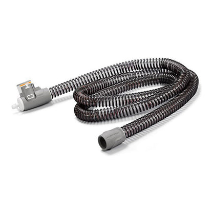Front three-quarter view of the ResMed ClimateLineAir Oxy heated tube with the white oxygen connector on the machine-end cuff