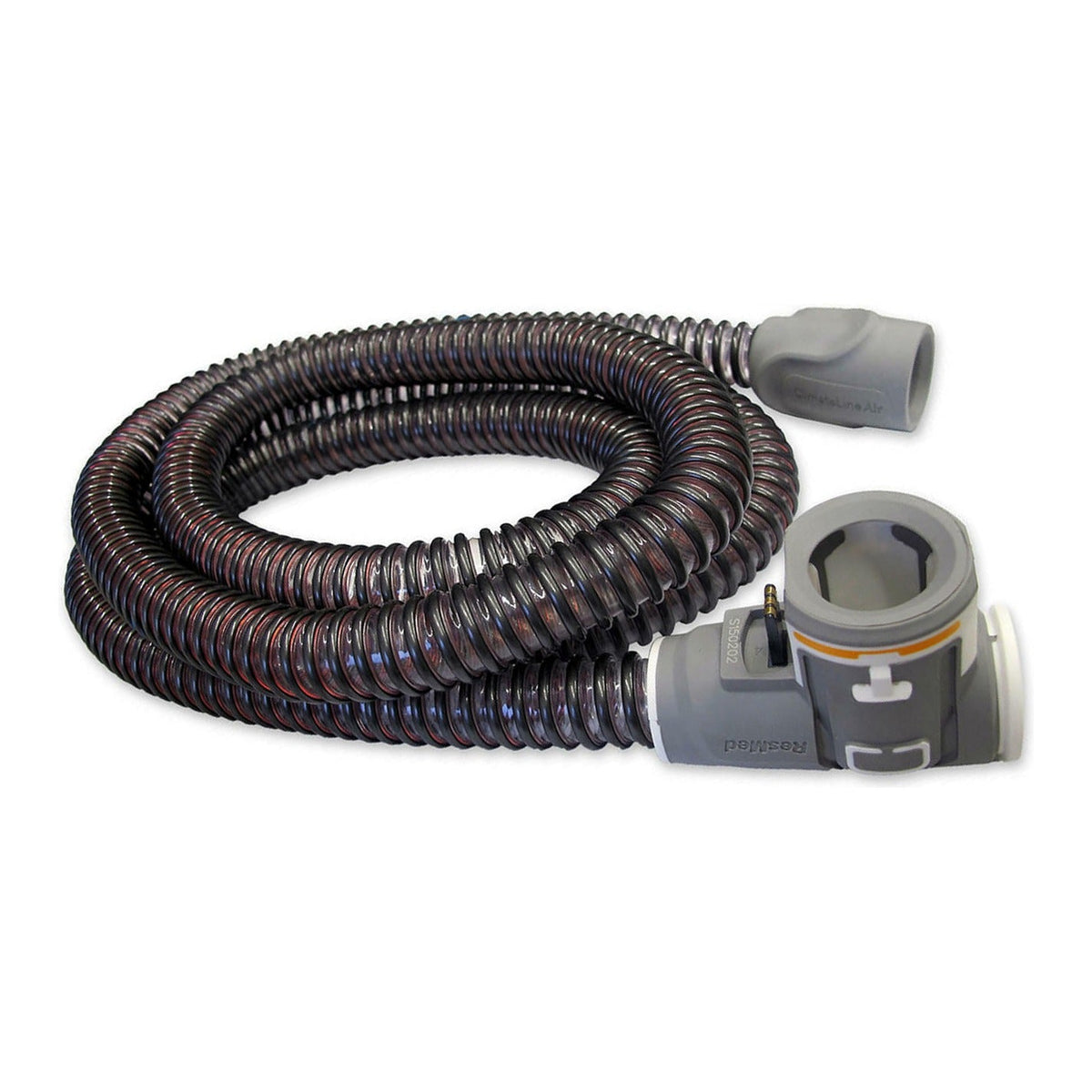 Full length of the ClimateLineAir heated tube, with the grey machine-end cuff in front and the mask end behind