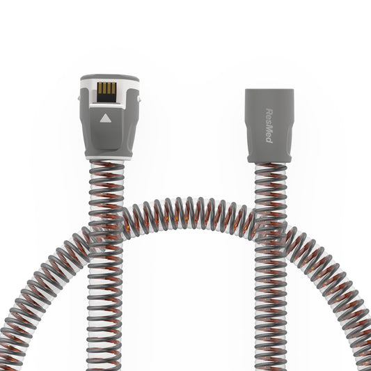 Front view of the ResMed ClimateLineAir 11 heated tube showing the machine-end contacts and the mask-end cuff
