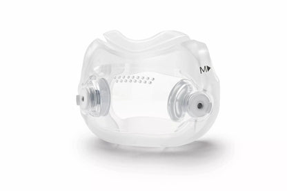 The DreamWear Full Face cushion on its own, showing its large side vents, small vent holes and size marker