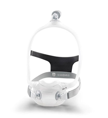 The DreamWear Full Face mask turned slightly, showing grey fabric headgear, the clear frame and the cushion's side ports