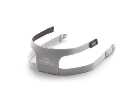 The grey fabric headgear for the DreamWear Full Face mask laid flat, with its wide back panel and lower straps
