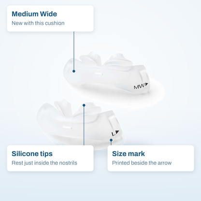 DreamWear silicone pillows cushion callout diagram: Medium Wide size, silicone tips and the printed size mark