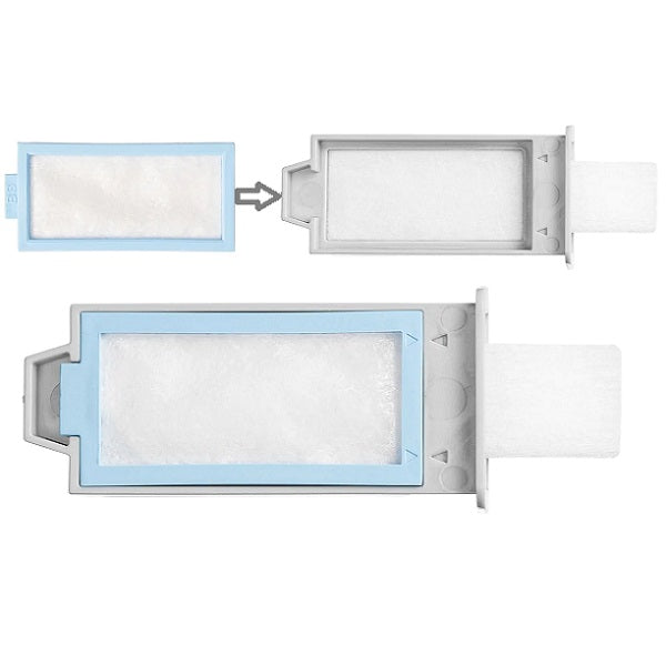 Diagram of a light blue disposable ultra-fine filter fitting onto the grey reusable DreamStation 2 pollen filter