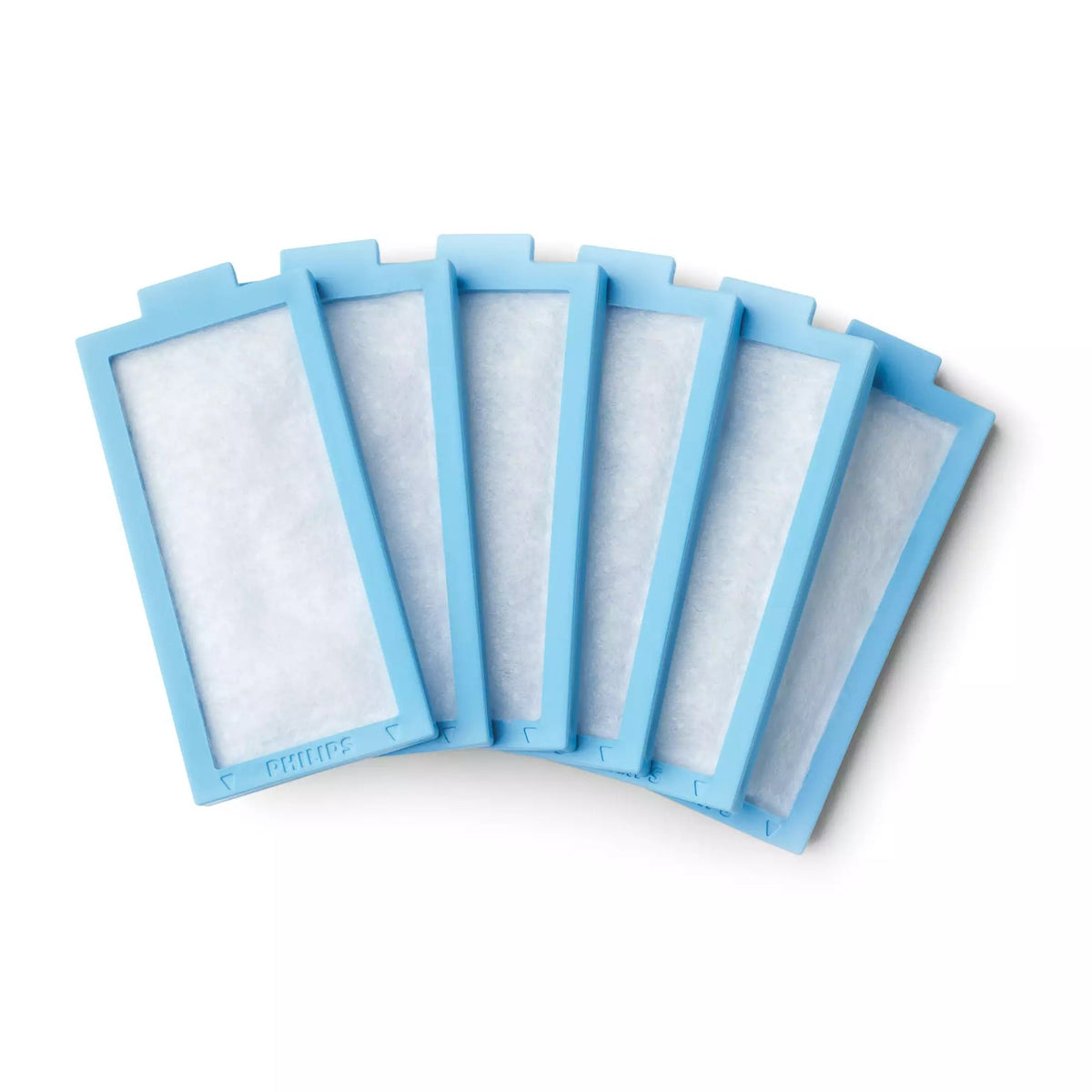 Six Philips DreamStation 2 disposable ultra-fine filters fanned out face on, each with a blue frame and white filter pad