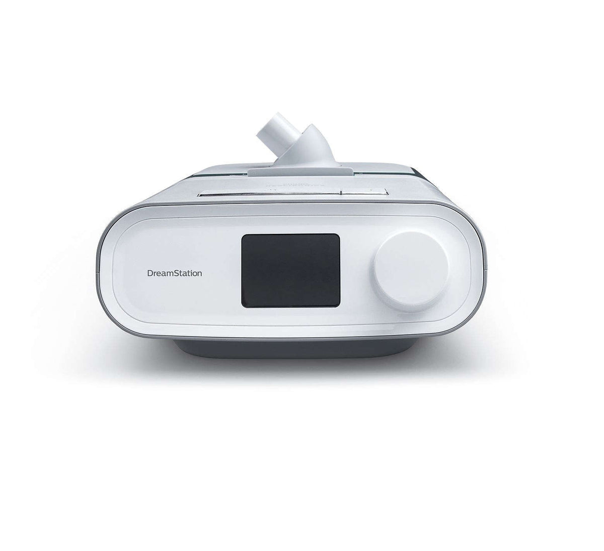 Front view of the Philips DreamStation Expert with its humidifier attached, showing the colour screen and control dial