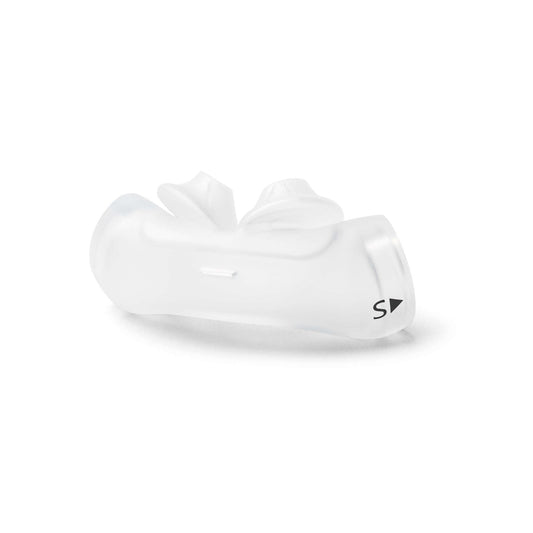 Angled view of the Philips DreamWear silicone pillows cushion in Small, with the size letter beside the arrow