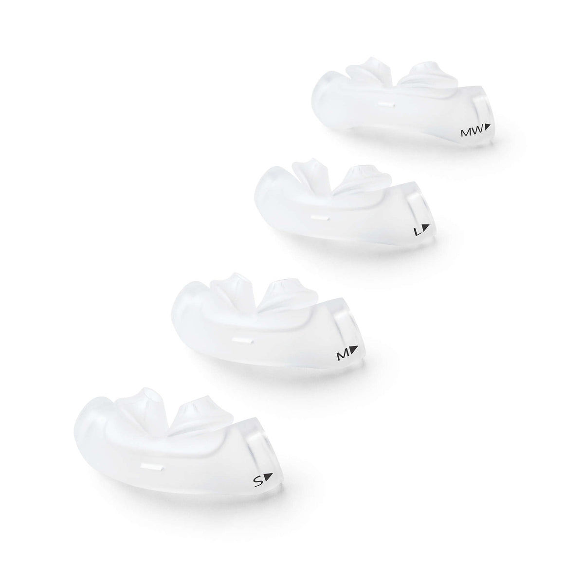 Four DreamWear silicone pillows cushions in a row, Small, Medium, Large and Medium Wide, each marked with its size
