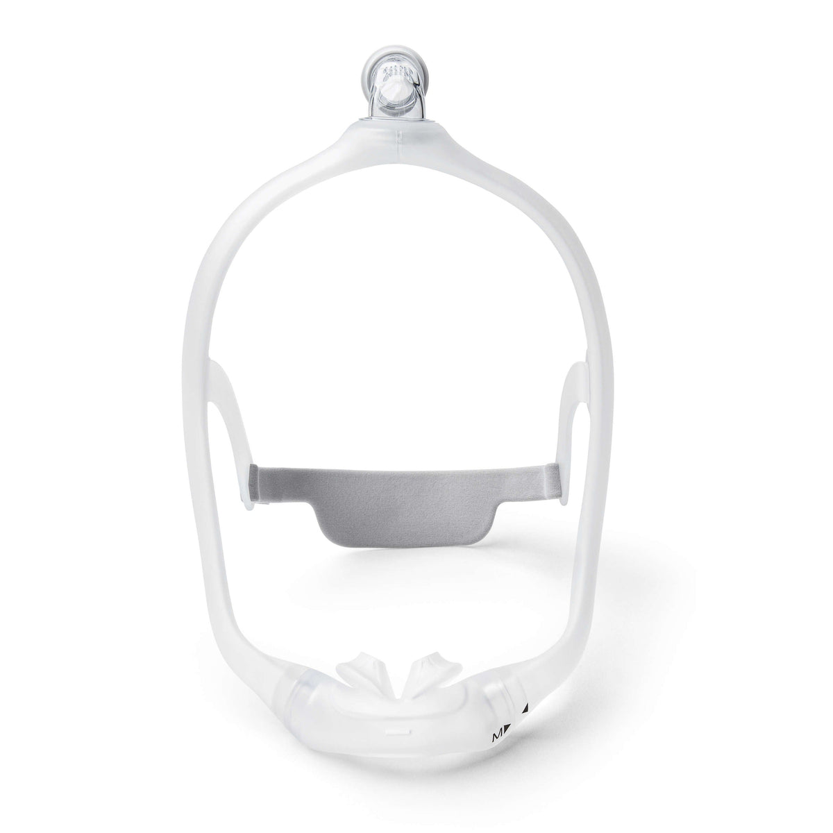 Front view of the DreamWear silicone pillows mask showing where the pillows cushion clicks into the frame