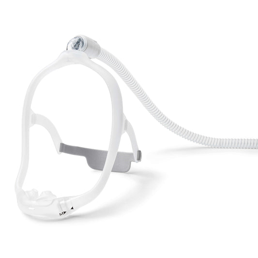 Angled view of the DreamWear Silicone Pillows with the hose attached on top and the grey back strap